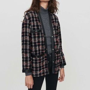 MAJE Visido Faux Leather Detail Tweed Jacket In Black